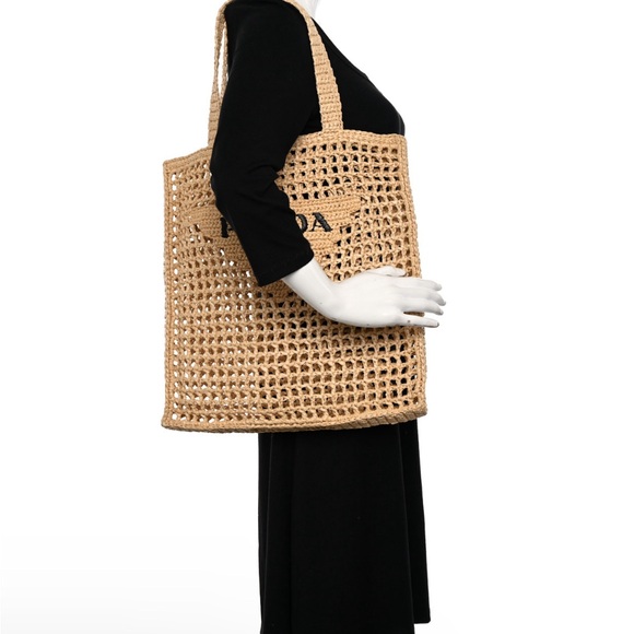 New Prada Crochet Triangle Embroidered Raffia Tote Bag - Picture 2 of 16